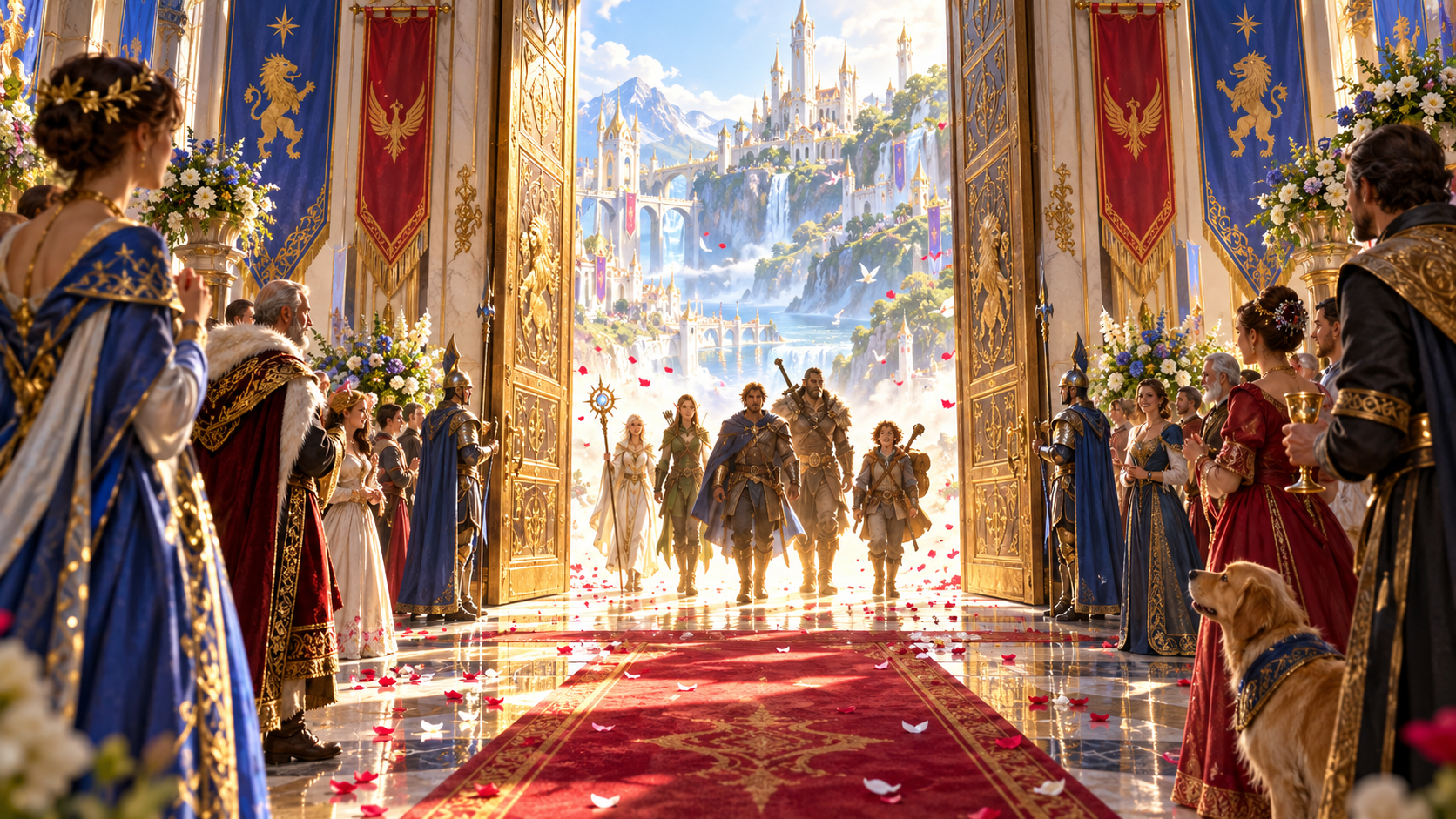 Fantasy illustration of a party arriving in an ornate palace hall beneath banners and falling flower petals