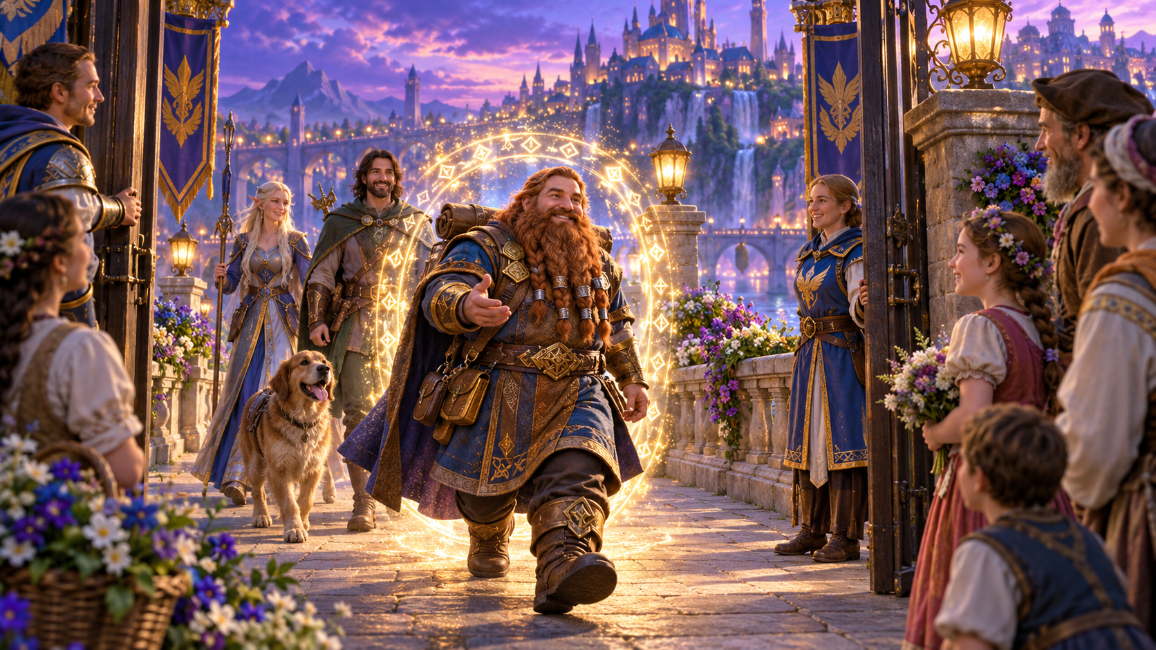 Fantasy illustration of a smiling dwarf arriving at a twilight gate inside a golden rune flourish