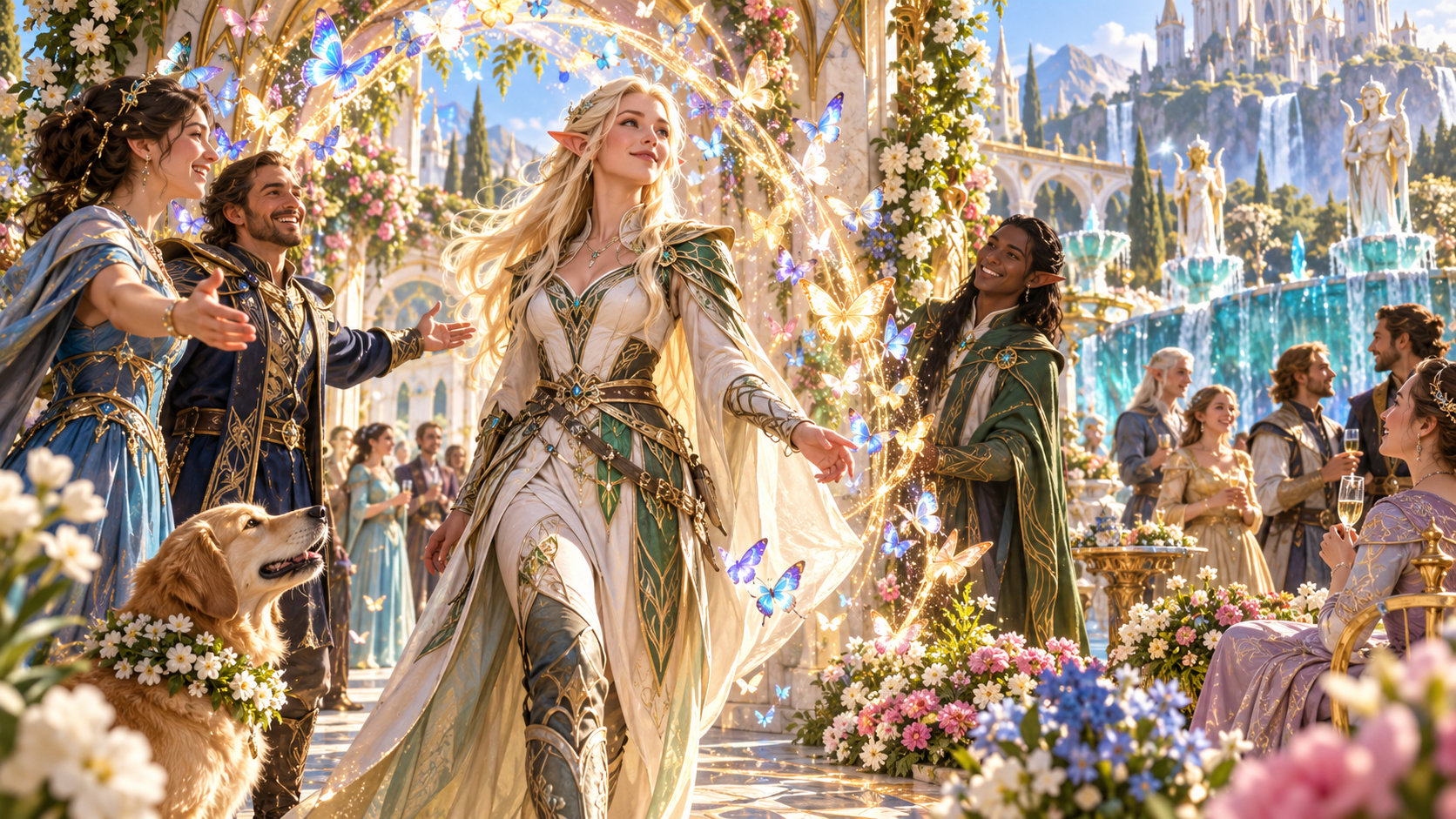 Fantasy illustration of an elven character arriving at a garden terrace through a glowing butterfly arch